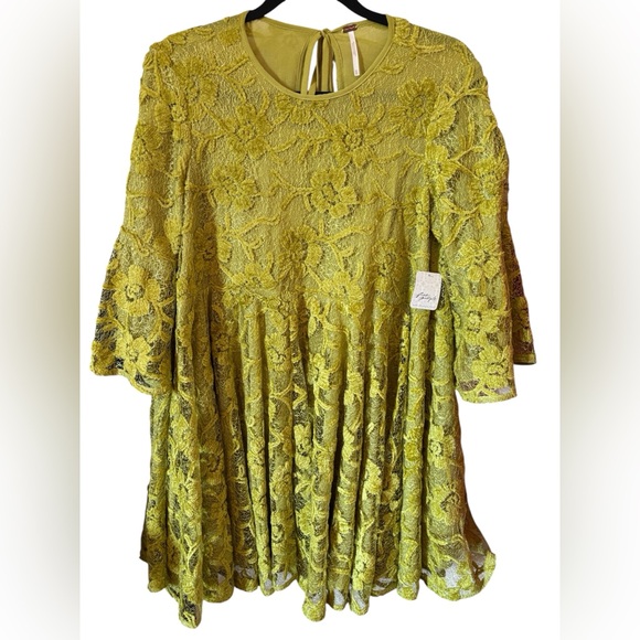 NWT Free People Le Fleur Mini Dress Lentil Sprout XS Lace Lined Bell-Sleeve Boho - Picture 3 of 14